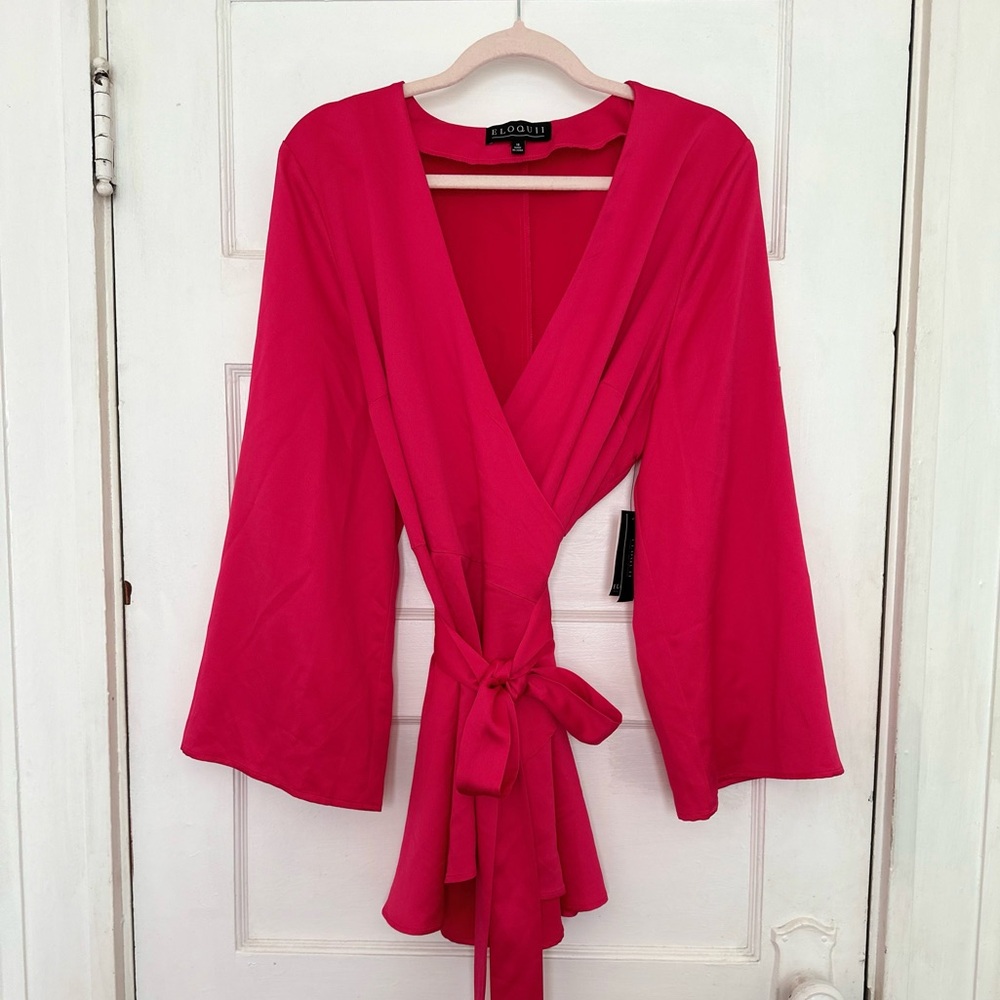 🎉 New Eloquii Red Long Sleeve Tie Waist Wrap Around Top (Size 16)